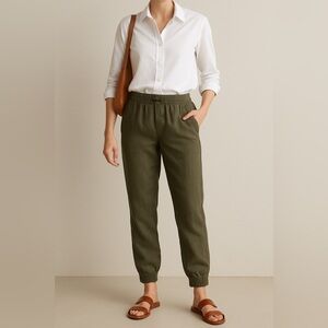 Community Green Linen Lyocell Jogger Pants Elastic Waist Casual Relaxed Fit S